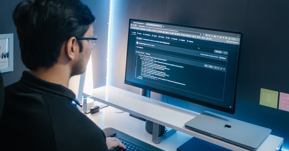 Person with glasses working at a large computer monitor with code on screen in a dimly lit home office