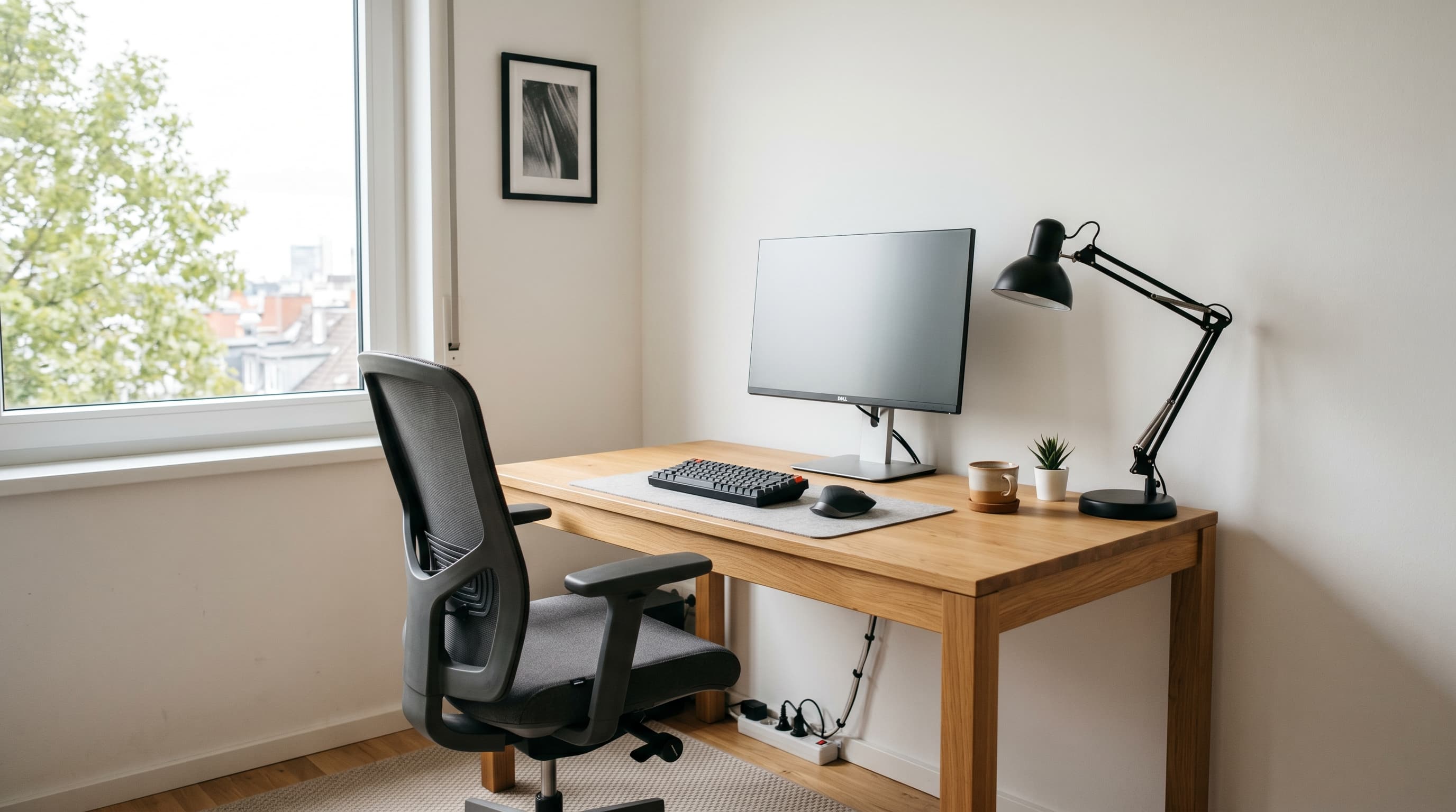 A clean, well-lit home office desk setup with a monitor, ergonomic chair, and organized accessories on a wooden desk