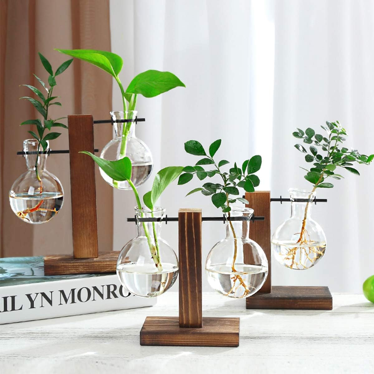 Stand Glass Planter Bulb Vase, Hydroponic Plant Vases with Wooden Stand, Terrarium Boiling Flask-Style Flower Vases Office Desk Wedding Decor