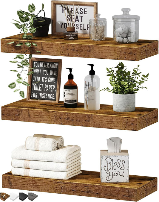 Floating Shelves for Wall Bathroom Shelf Bedroom Kitchen Farmhouse Small Book Shelf 16 Inch Set of 3, Rustic Brown (015-BN3)