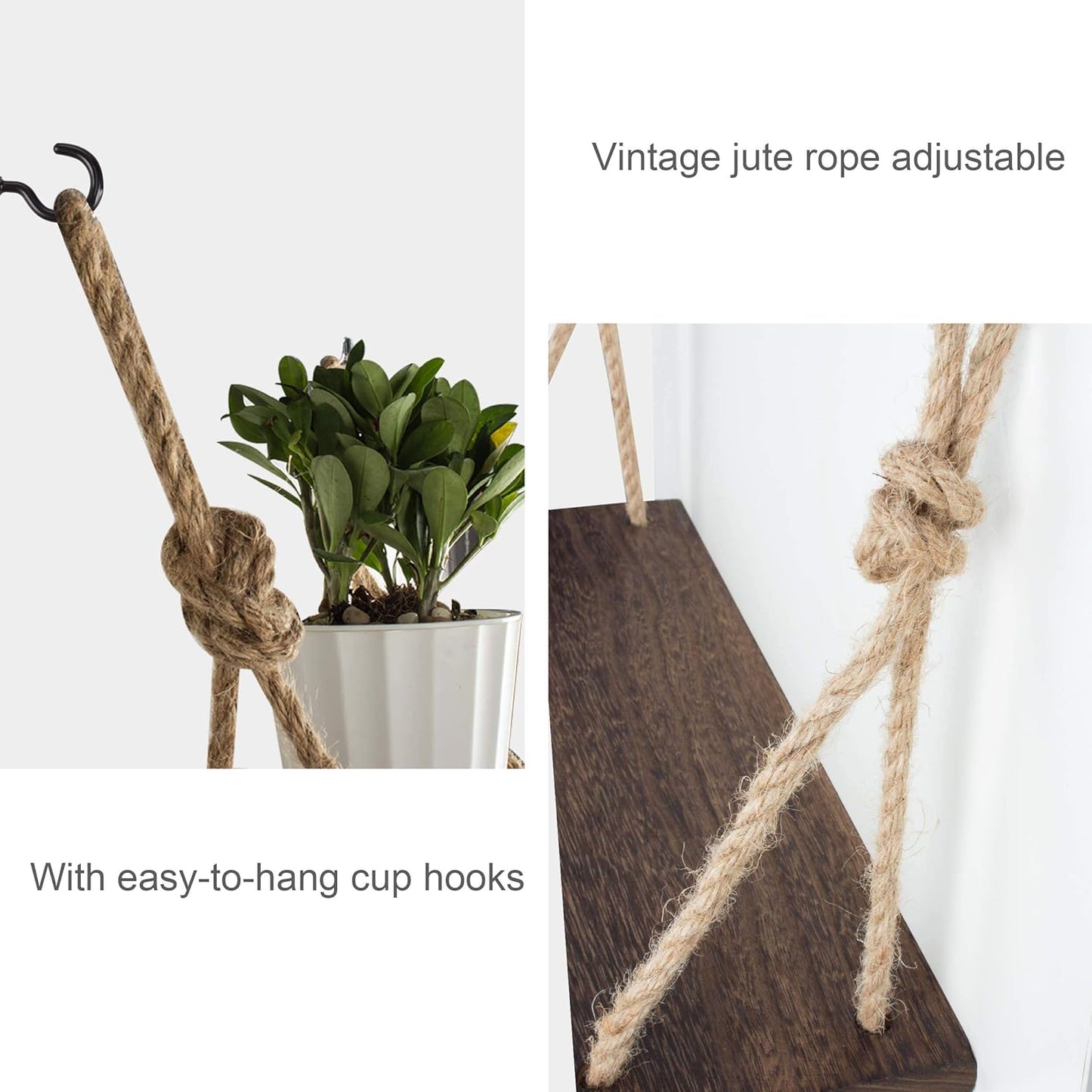 Rope Hanging Floating Shelves, Rustic Wood Wall Decor Swing Shelf with 4 Hooks, Pack of 2