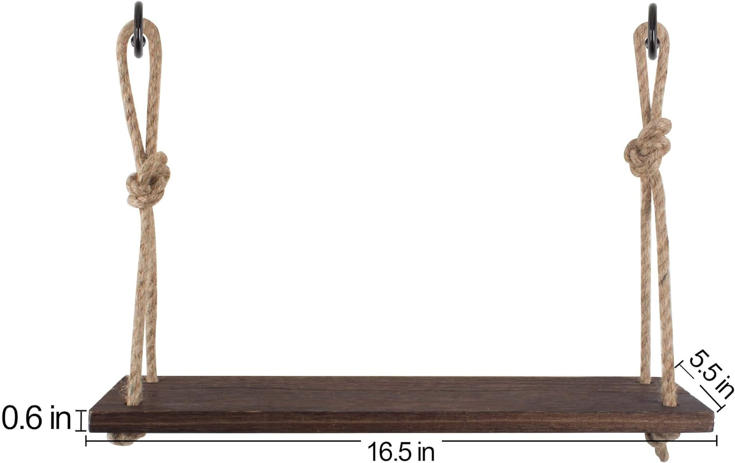 Rope Hanging Floating Shelves, Rustic Wood Wall Decor Swing Shelf with 4 Hooks, Pack of 2