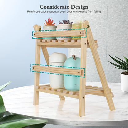 2-Step Desktop Storage Organizer Foldable 2 Tier Ladder Plant Stand Wood Display Shelf Decorative Storage Rack for Table Top