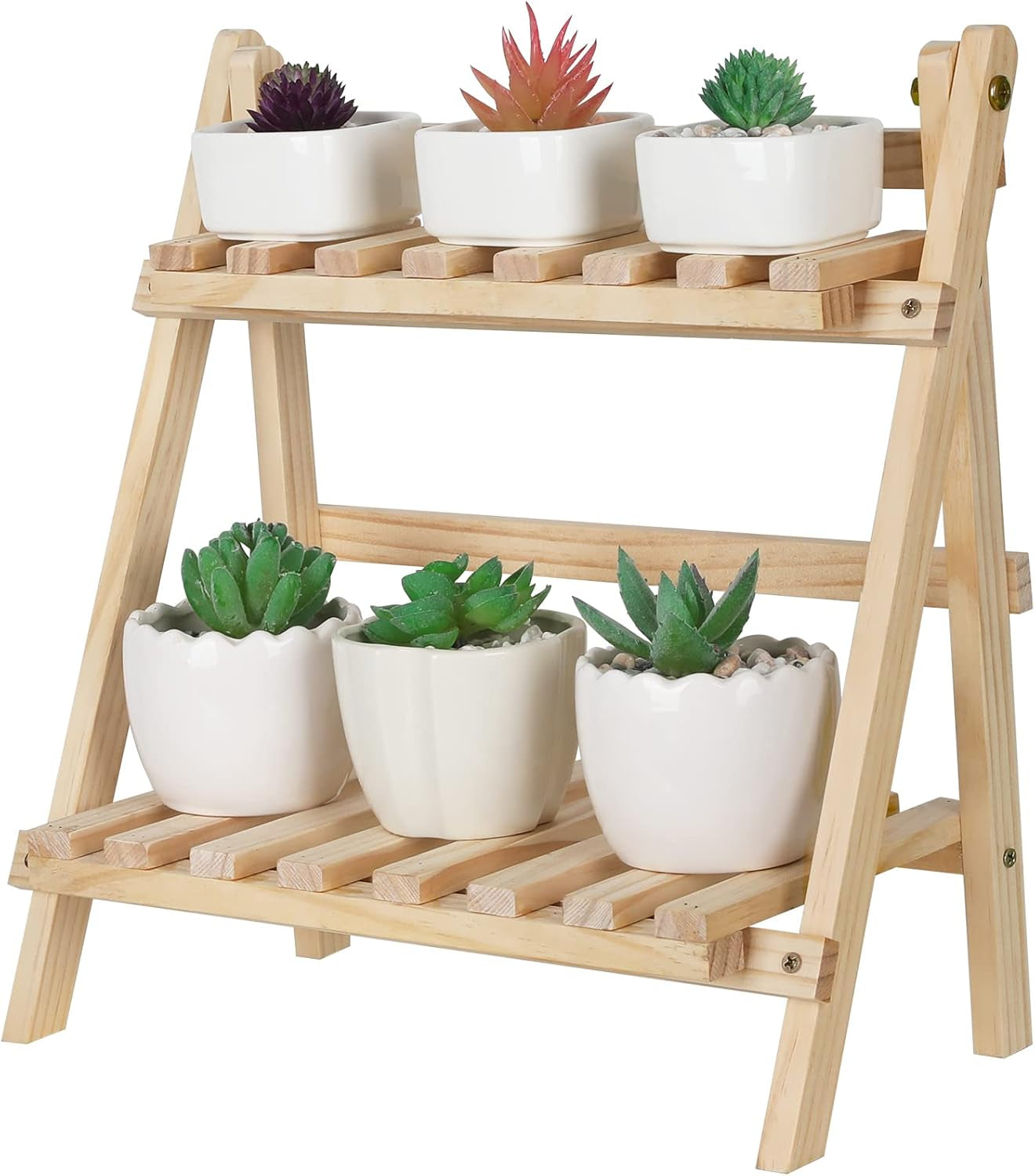 2-Step Desktop Storage Organizer Foldable 2 Tier Ladder Plant Stand Wood Display Shelf Decorative Storage Rack for Table Top