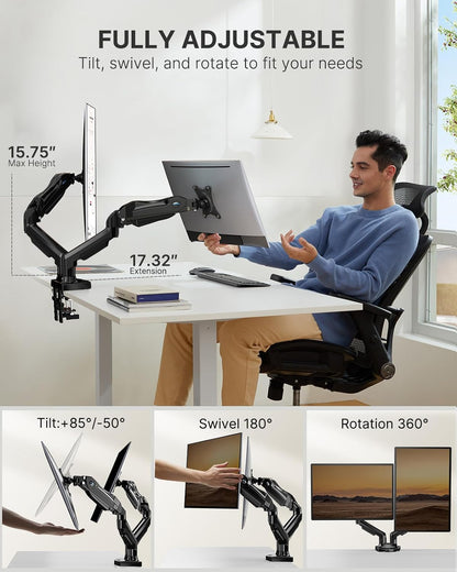 Dual Monitor Stand - Adjustable Spring Monitor Desk Mount Swivel Vesa Bracket with C Clamp, Grommet Mounting Base for 13 to 30 Inch Computer Screens - Each Arm Holds 4.4 to 19.8Lbs