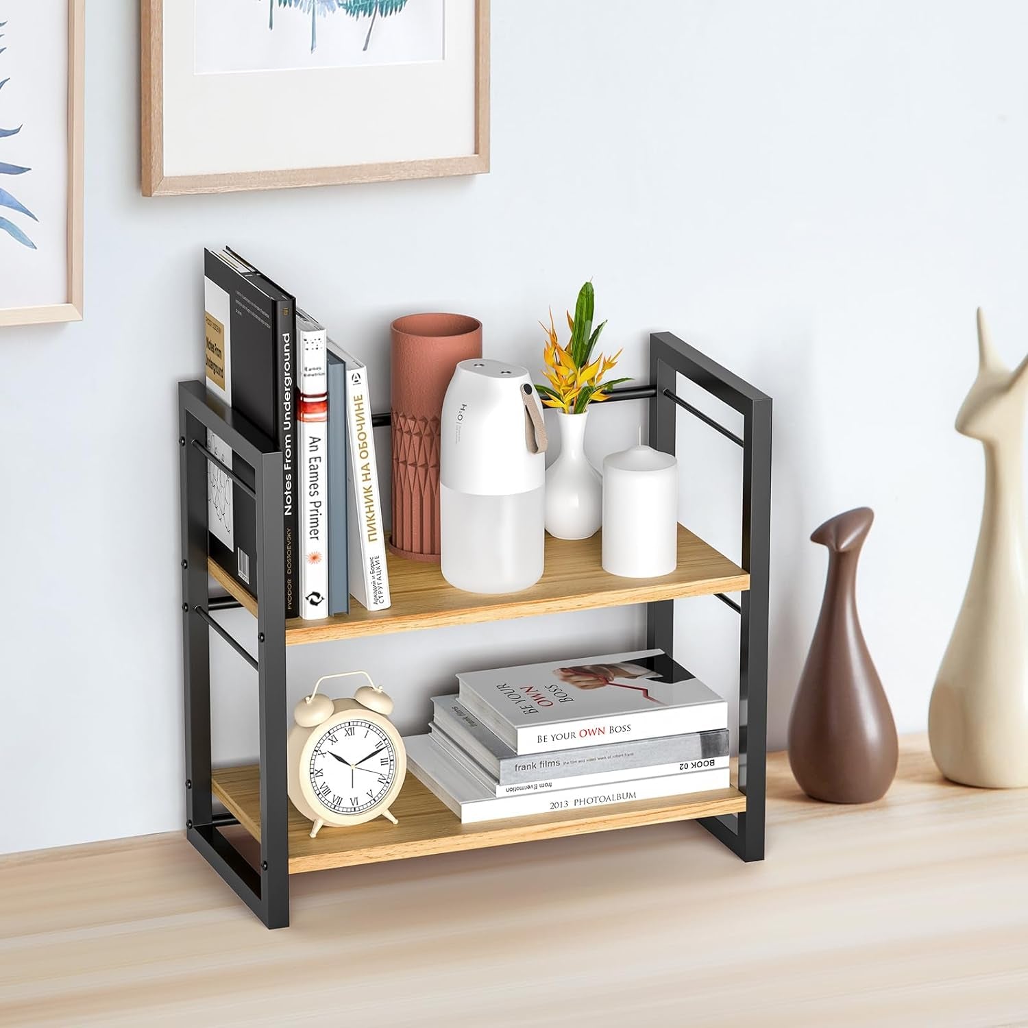 Office Desk Shelf Organizer, Wood Desktop Bookshelf Supplies Storage Rack, Shelf for Top of Desk and Dresser (Black-2 Tier)