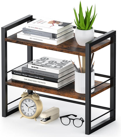 Office Desk Shelf Organizer, Wood Desktop Bookshelf Supplies Storage Rack, Shelf for Top of Desk and Dresser (Black-2 Tier)