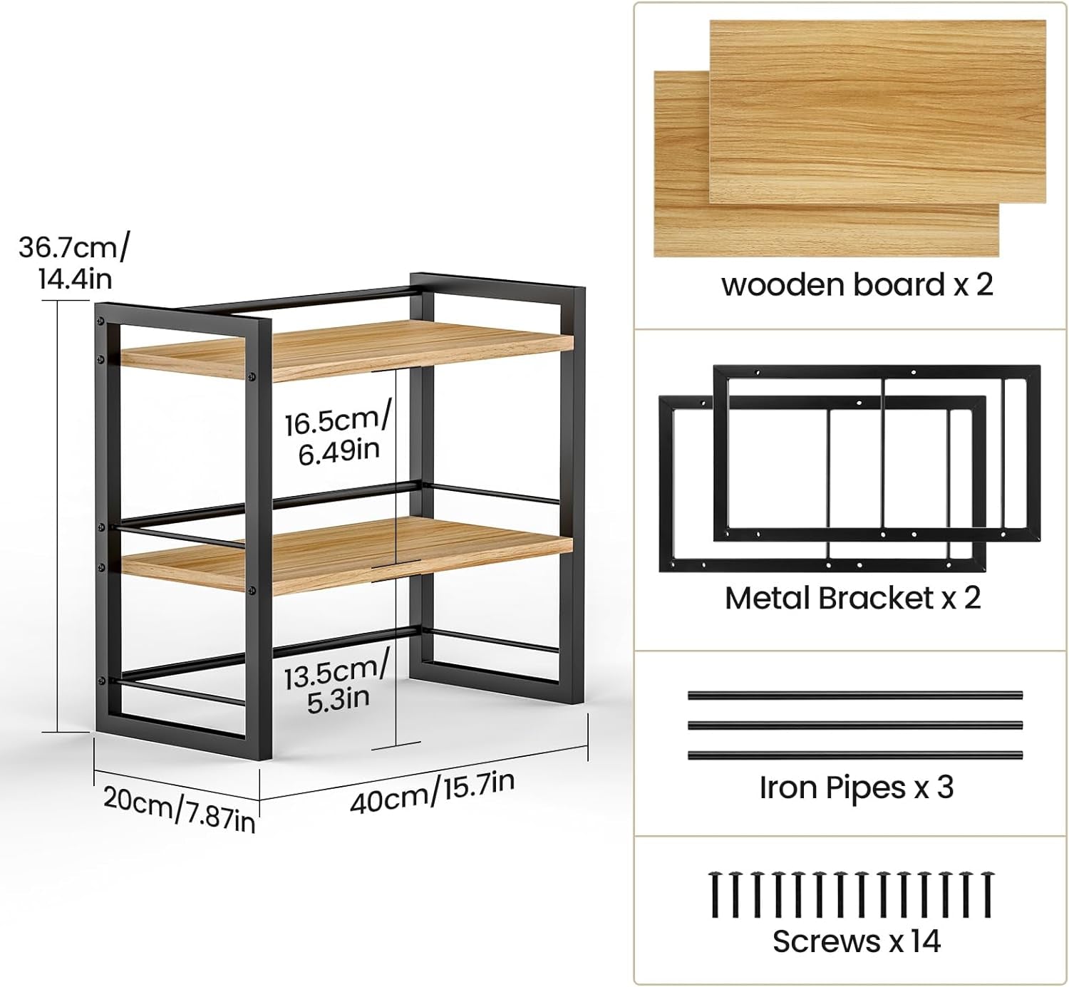 Office Desk Shelf Organizer, Wood Desktop Bookshelf Supplies Storage Rack, Shelf for Top of Desk and Dresser (Black-2 Tier)