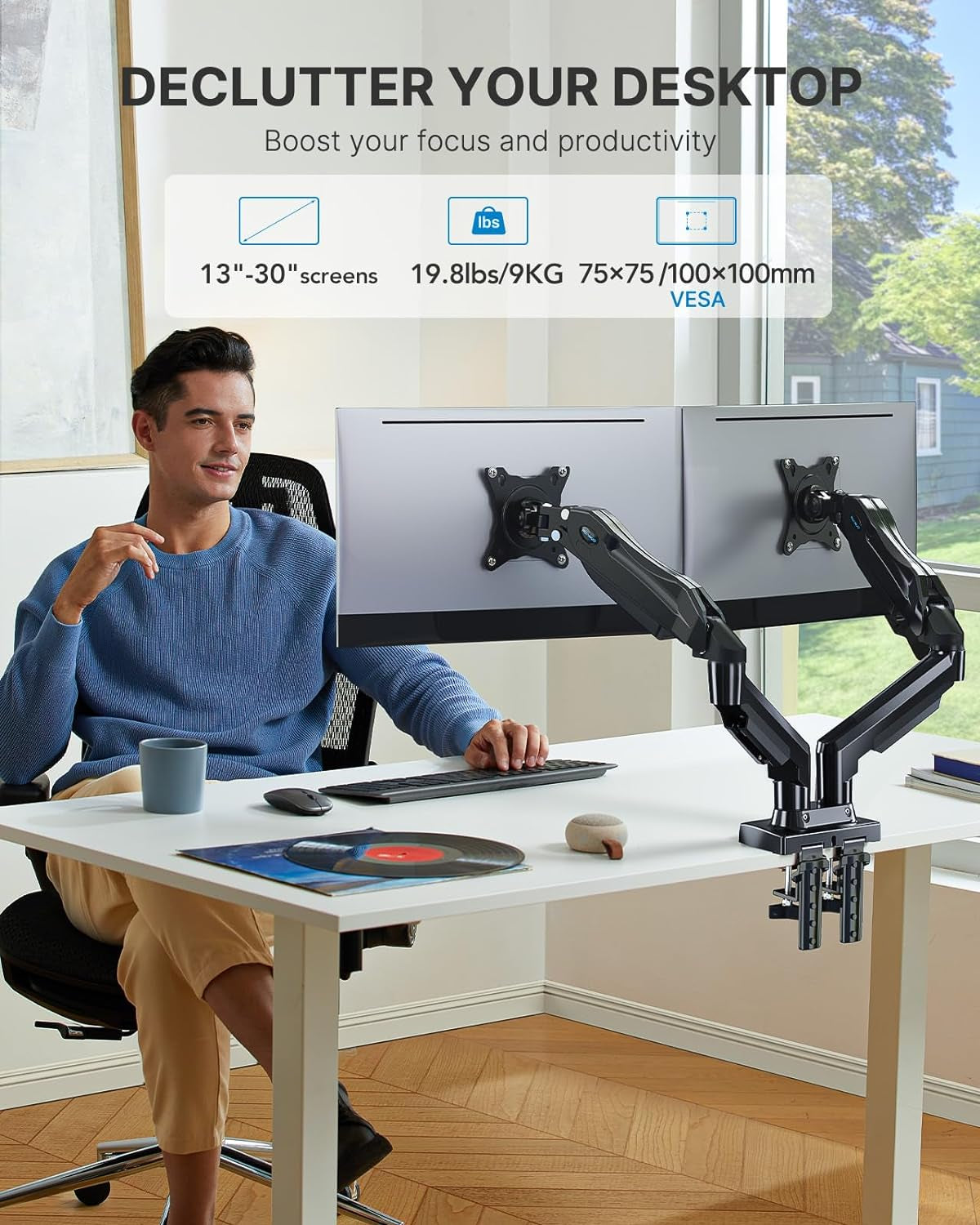 Dual Monitor Stand - Adjustable Spring Monitor Desk Mount Swivel Vesa Bracket with C Clamp, Grommet Mounting Base for 13 to 30 Inch Computer Screens - Each Arm Holds 4.4 to 19.8Lbs