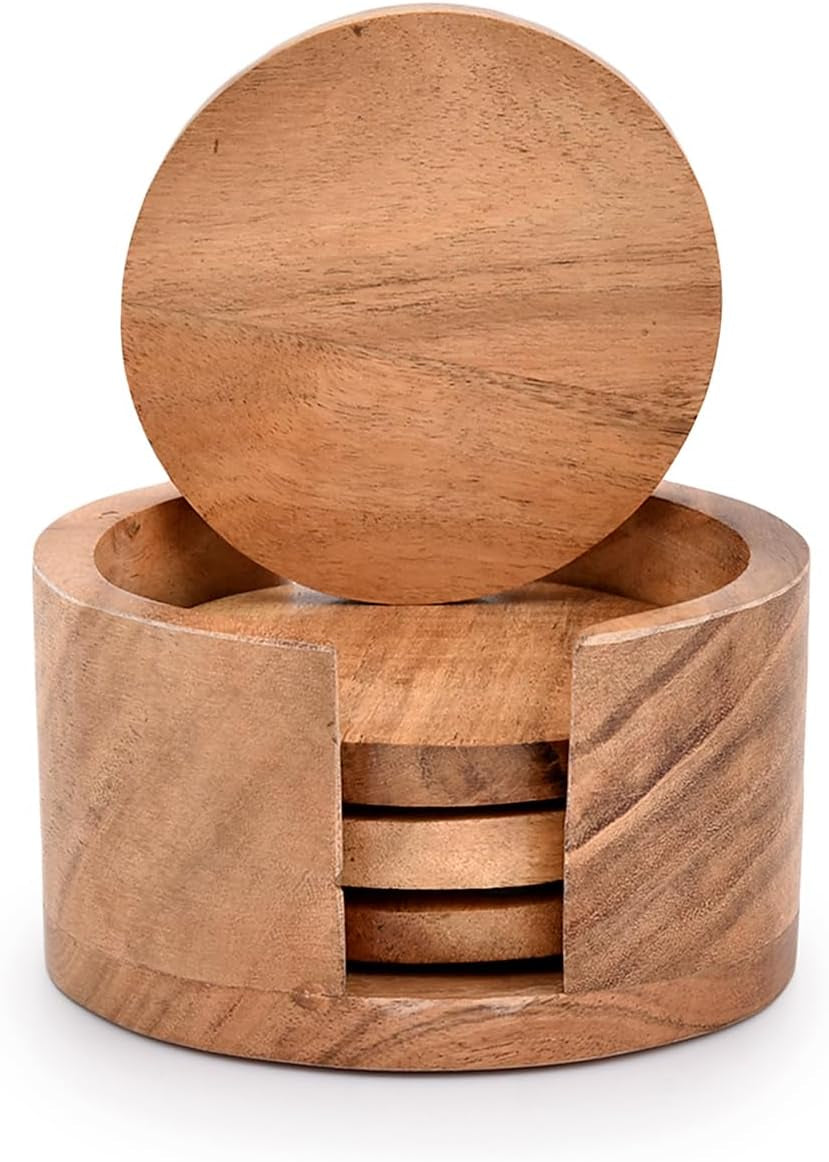 Acacia Wood Stylish round Coaster Sets of 4 with Holder Coffee Table Decor for Tabletop Protection for Bar Kitchen Home (4" X 4" X 0.5")