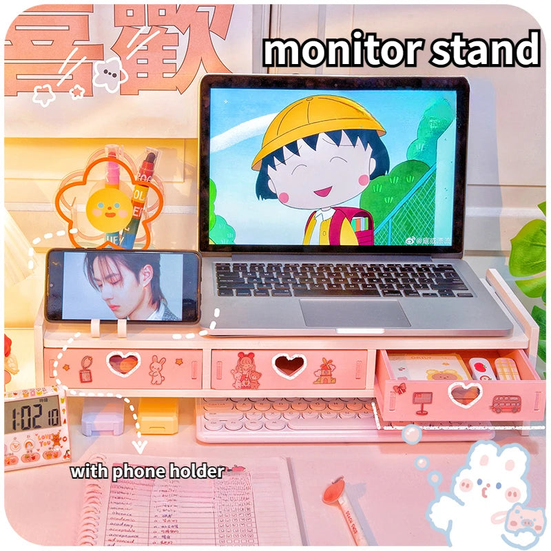 Cute Wooden Desk Monitor Stand and Organizer 