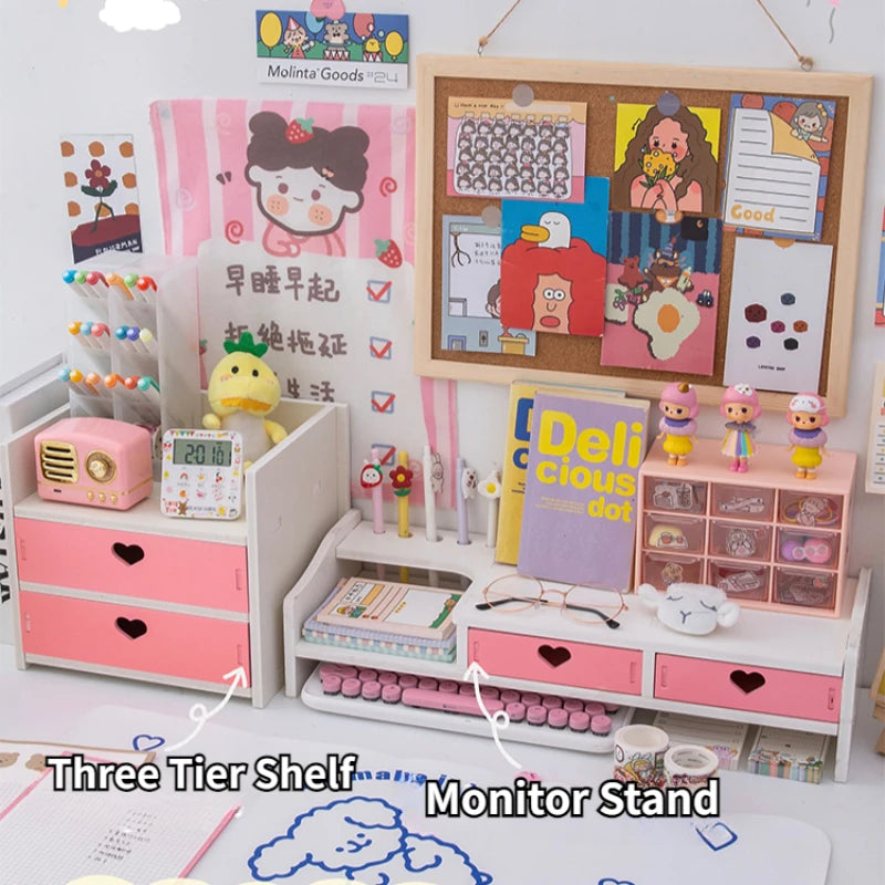 Cute Wooden Desk Monitor Stand and Organizer 