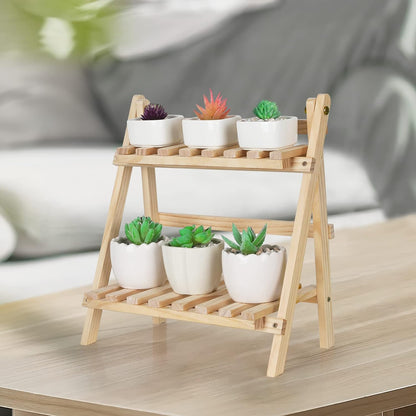 2-Step Desktop Storage Organizer Foldable 2 Tier Ladder Plant Stand Wood Display Shelf Decorative Storage Rack for Table Top