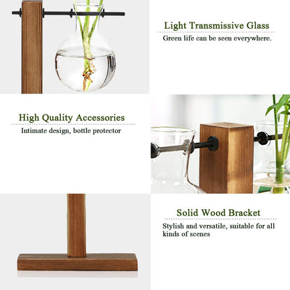 Stand Glass Planter Bulb Vase, Hydroponic Plant Vases with Wooden Stand, Terrarium Boiling Flask-Style Flower Vases Office Desk Wedding Decor