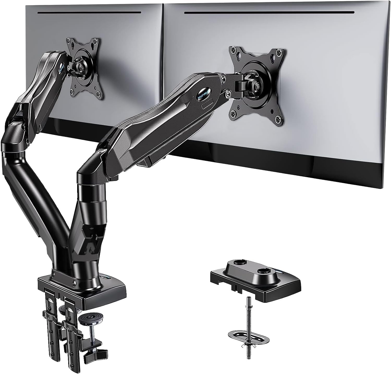 Dual Monitor Stand - Adjustable Spring Monitor Desk Mount Swivel Vesa Bracket with C Clamp, Grommet Mounting Base for 13 to 30 Inch Computer Screens - Each Arm Holds 4.4 to 19.8Lbs