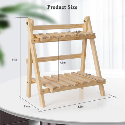 2-Step Desktop Storage Organizer Foldable 2 Tier Ladder Plant Stand Wood Display Shelf Decorative Storage Rack for Table Top