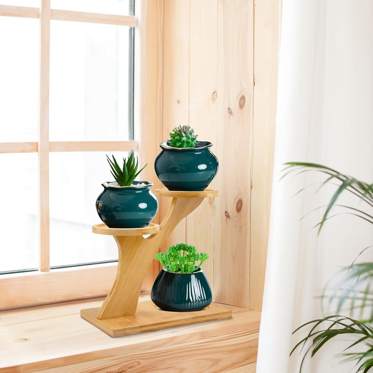 Bamboo Plant Stand ,3 Tiers Indoor Succulent Windowsill Shelf - Small Tabletop Plant Holder for Home, Office, Living Room, Bedroom Decoration 1Pc