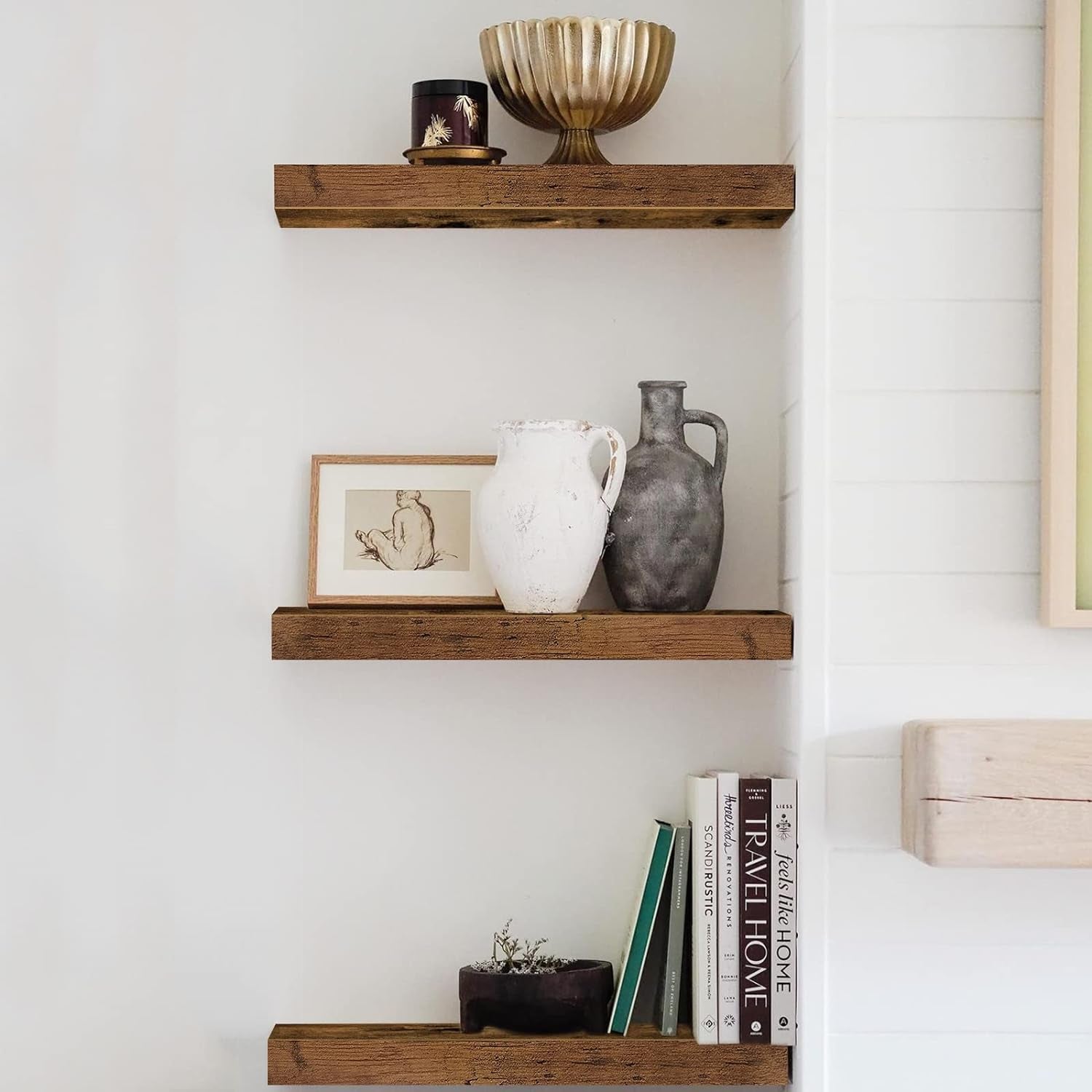 Floating Shelves for Wall Bathroom Shelf Bedroom Kitchen Farmhouse Small Book Shelf 16 Inch Set of 3, Rustic Brown (015-BN3)