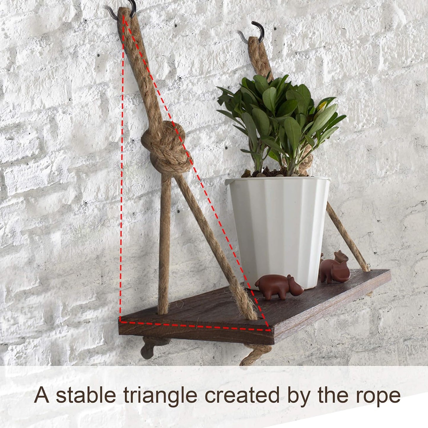 Rope Hanging Floating Shelves, Rustic Wood Wall Decor Swing Shelf with 4 Hooks, Pack of 2