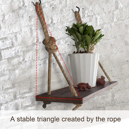 Rope Hanging Floating Shelves, Rustic Wood Wall Decor Swing Shelf with 4 Hooks, Pack of 2