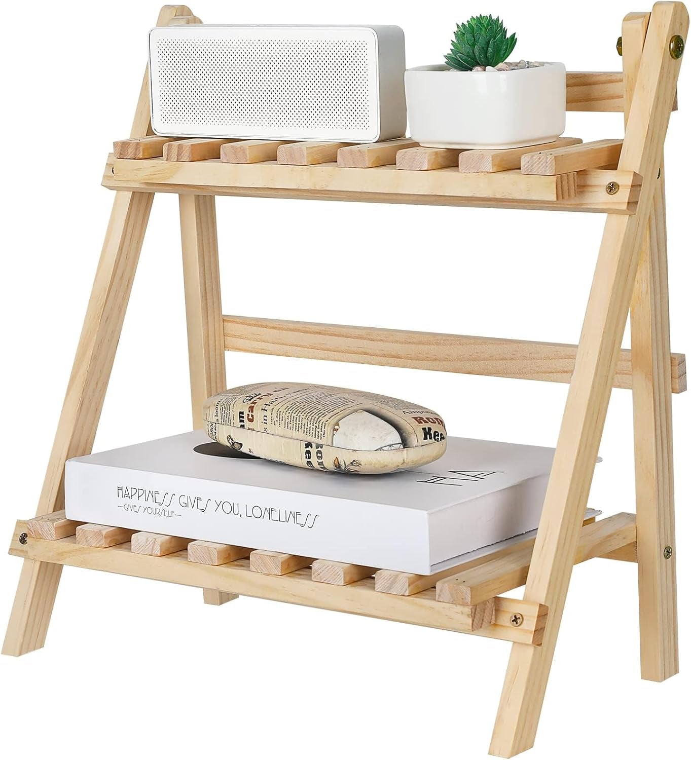 2-Step Desktop Storage Organizer Foldable 2 Tier Ladder Plant Stand Wood Display Shelf Decorative Storage Rack for Table Top