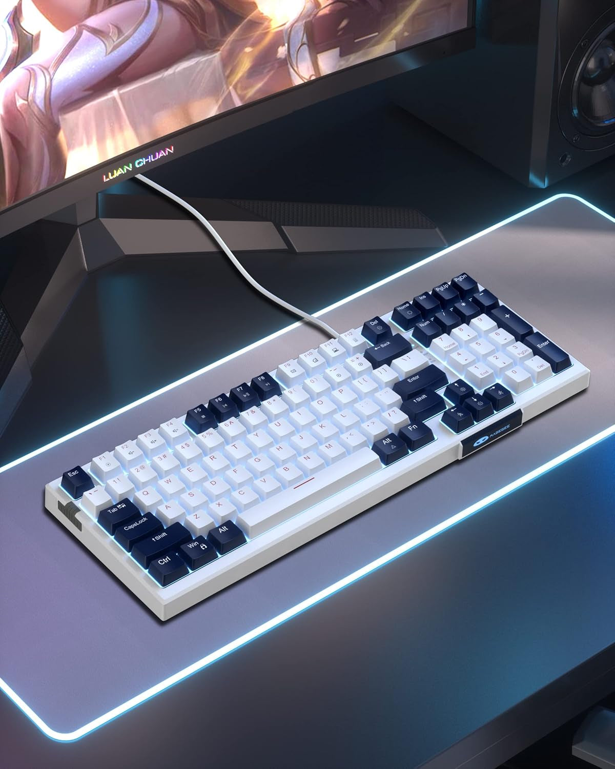 Compact 80% Mechanical Gaming Keyboard, Hot-Swappable Mechanical Keyboard with Number Pad and Red Switches, Blue LED Backlit Keyboard 98 Keys for Windows PC Mac, Blue White