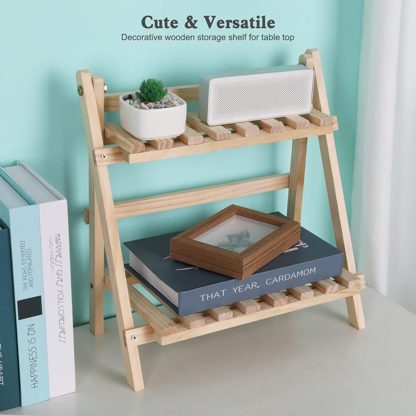 2-Step Desktop Storage Organizer Foldable 2 Tier Ladder Plant Stand Wood Display Shelf Decorative Storage Rack for Table Top