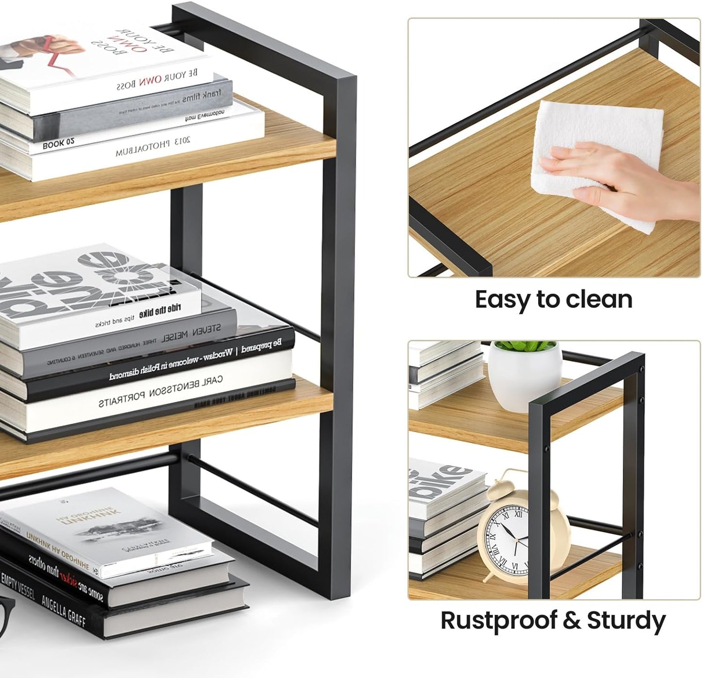 Office Desk Shelf Organizer, Wood Desktop Bookshelf Supplies Storage Rack, Shelf for Top of Desk and Dresser (Black-2 Tier)