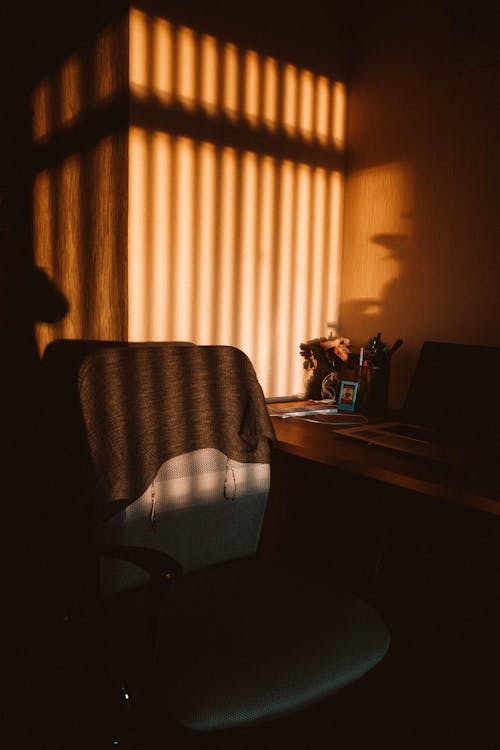 An ergonomic mesh office chair positioned at a home desk, showing the lumbar support and back structure